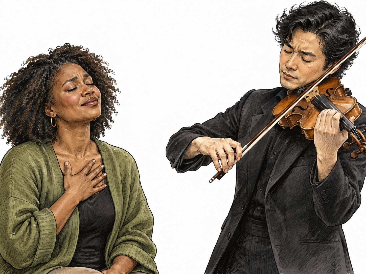 A Black adult woman listening to a moving violin performance presses hand to heart, visibly touched.