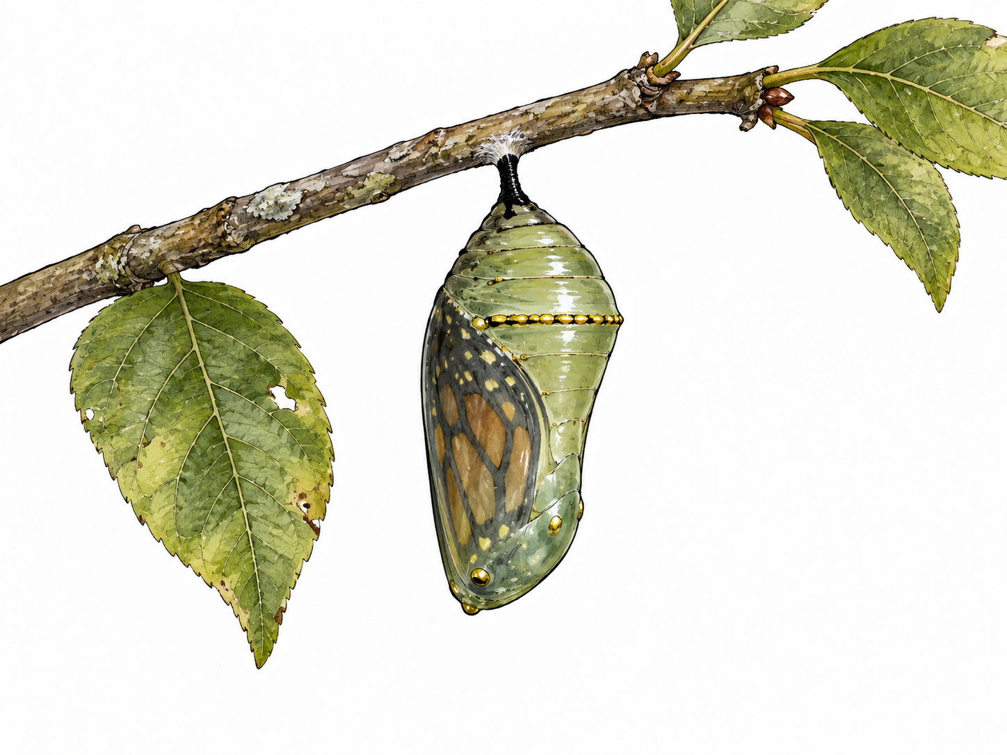 A realistic butterfly chrysalis attached beneath twig, clearly pupal stage not a caterpillar or adult butterfly.