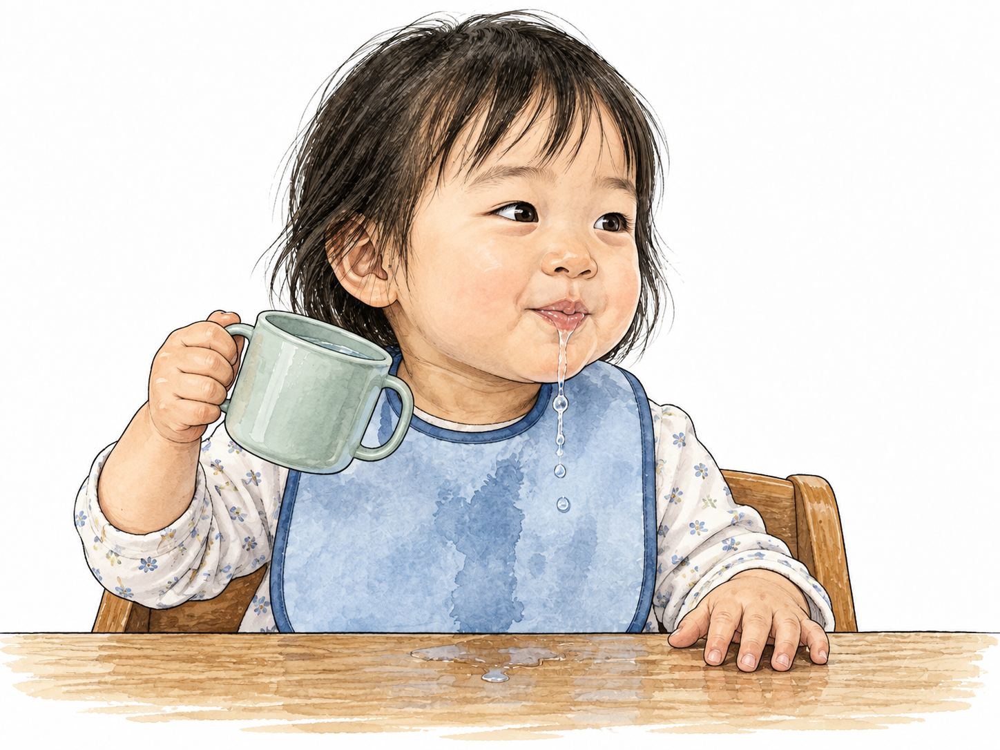 A toddler in bib dribbles water from mouth after sipping, natural gentle everyday scene, East Asian child.