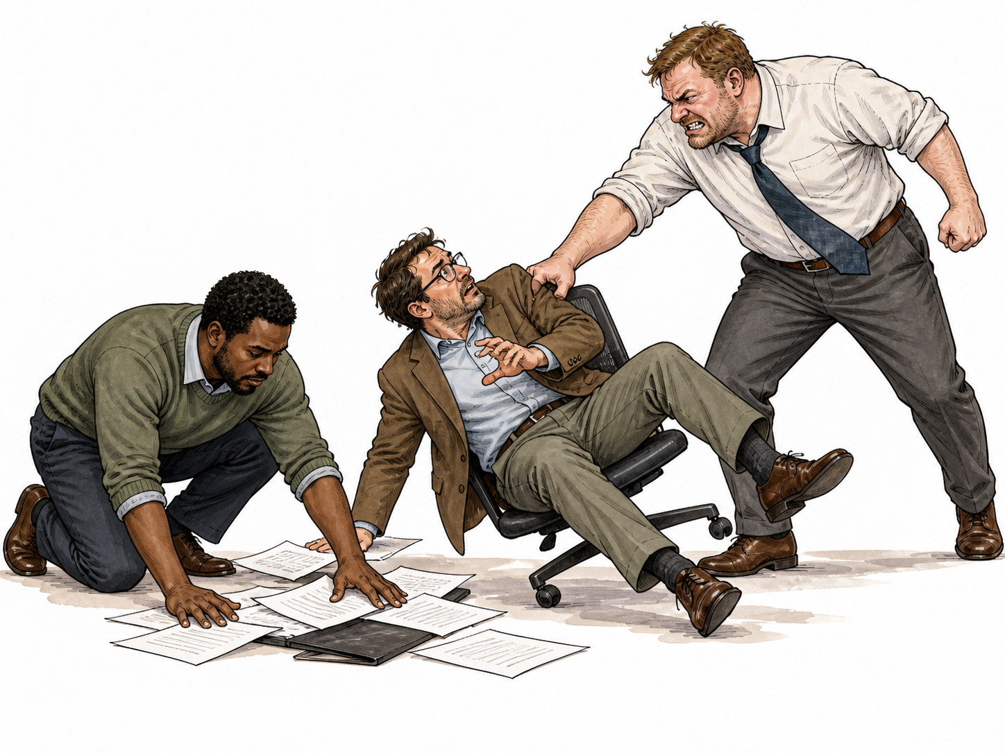 A large white adult bully snarling and shoving over another adult's chair while a Black adult protects the fallen papers, non-graphic cruel behavior, avoid heroic framing.