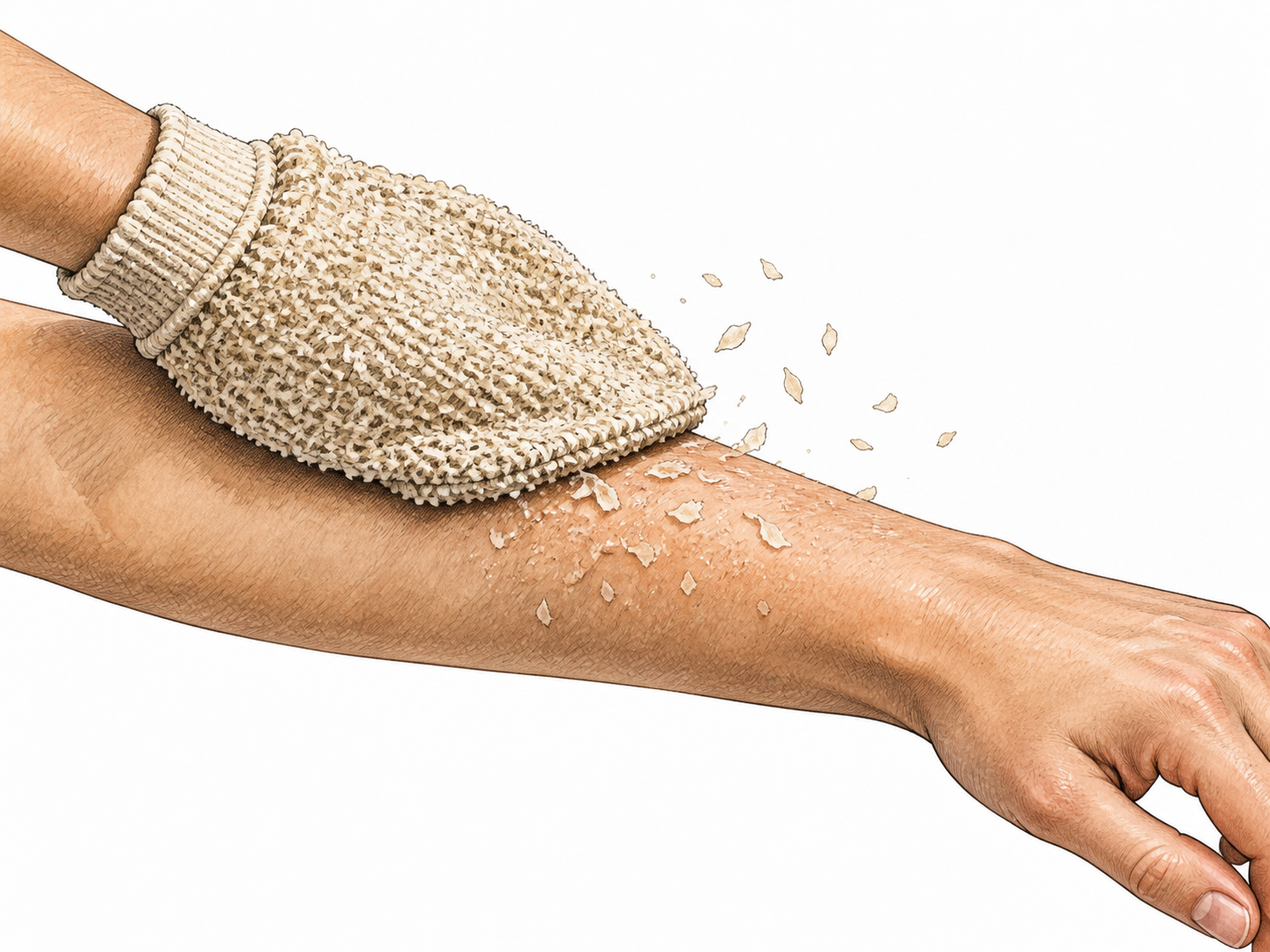 Close-up natural skin-care mitt gently passes over a healthy forearm; tiny dry surface flakes come away, no abrasion or wound.