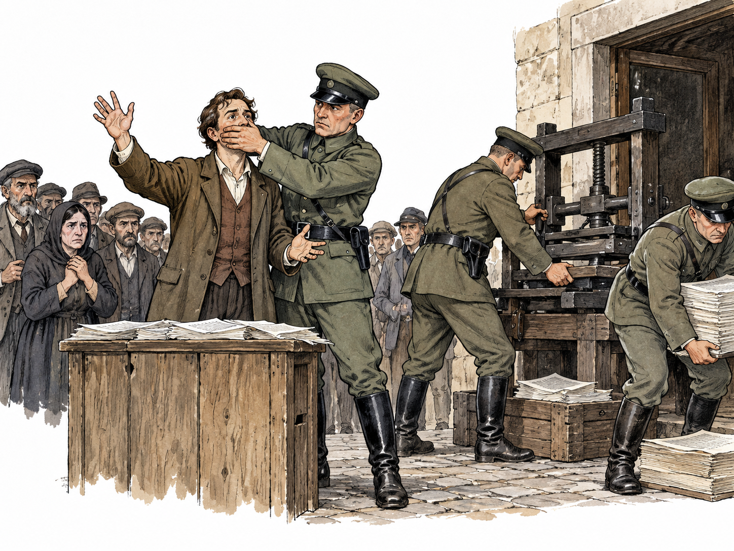 Historical educational scene of authoritarian regime: uniformed officials silence a civilian speaker and seize a printing press, grim crowd, no emblems or slogans, condemnatory neutral documentation.