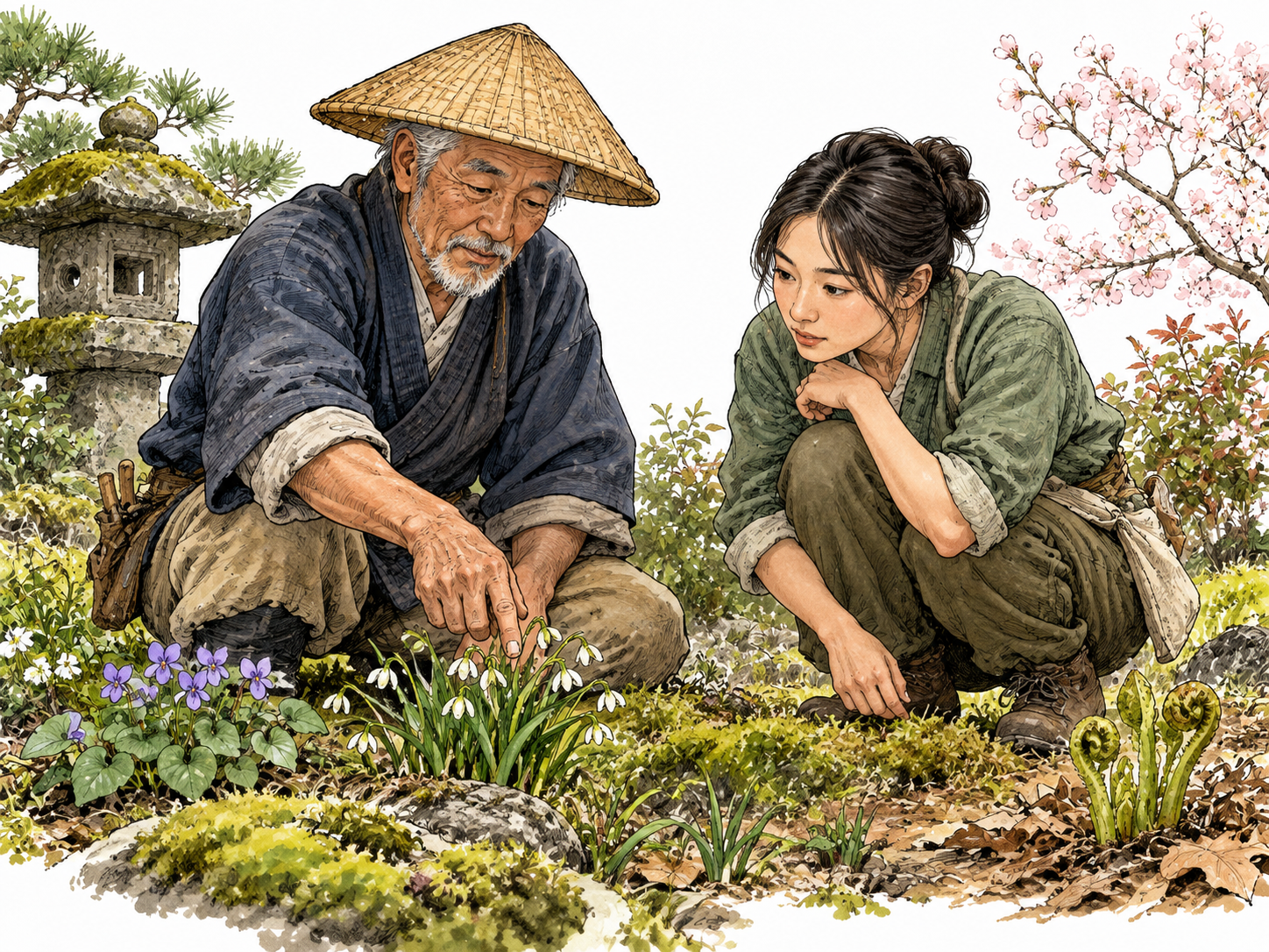 An older Japanese gardener teaches a younger adult how to recognize seasonal plants, practical traditional knowledge.