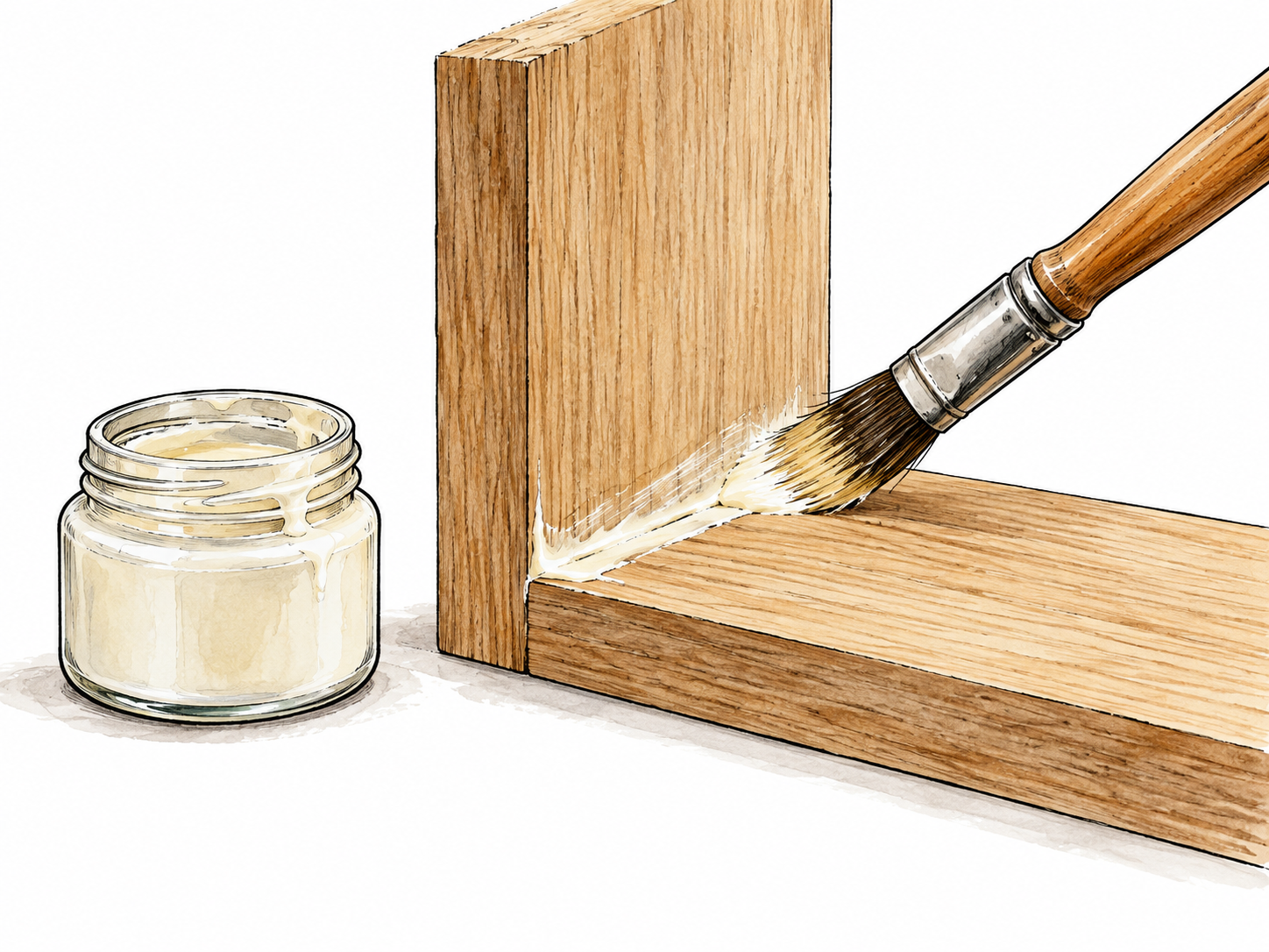 A small open pot of glue and a brush applying adhesive between two wooden pieces.