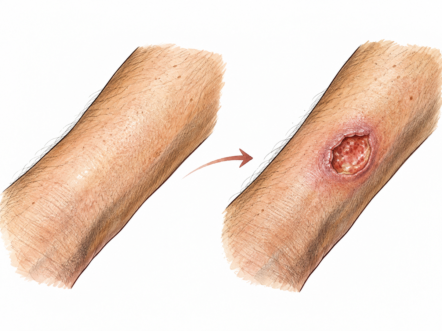 A simple two-stage medical illustration of intact skin becoming a shallow open sore, non-graphic and minimal, no gore.