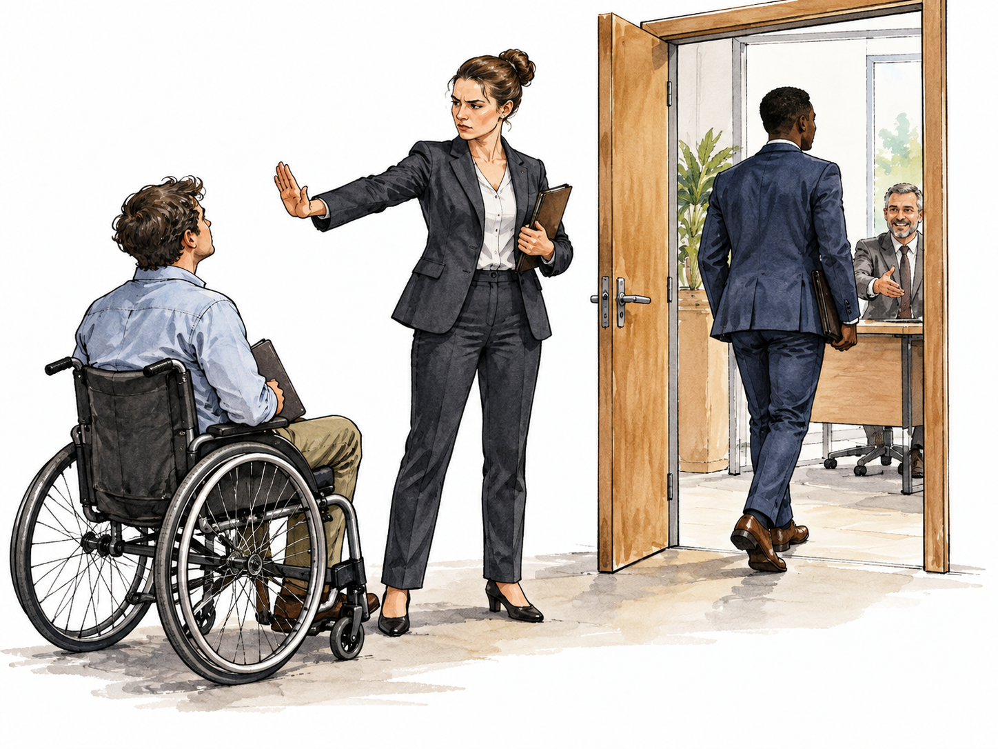 A wheelchair user unfairly turned away from a workplace interview by a standing gatekeeper while another equally prepared applicant is welcomed, barrier of prejudice clear, no text.