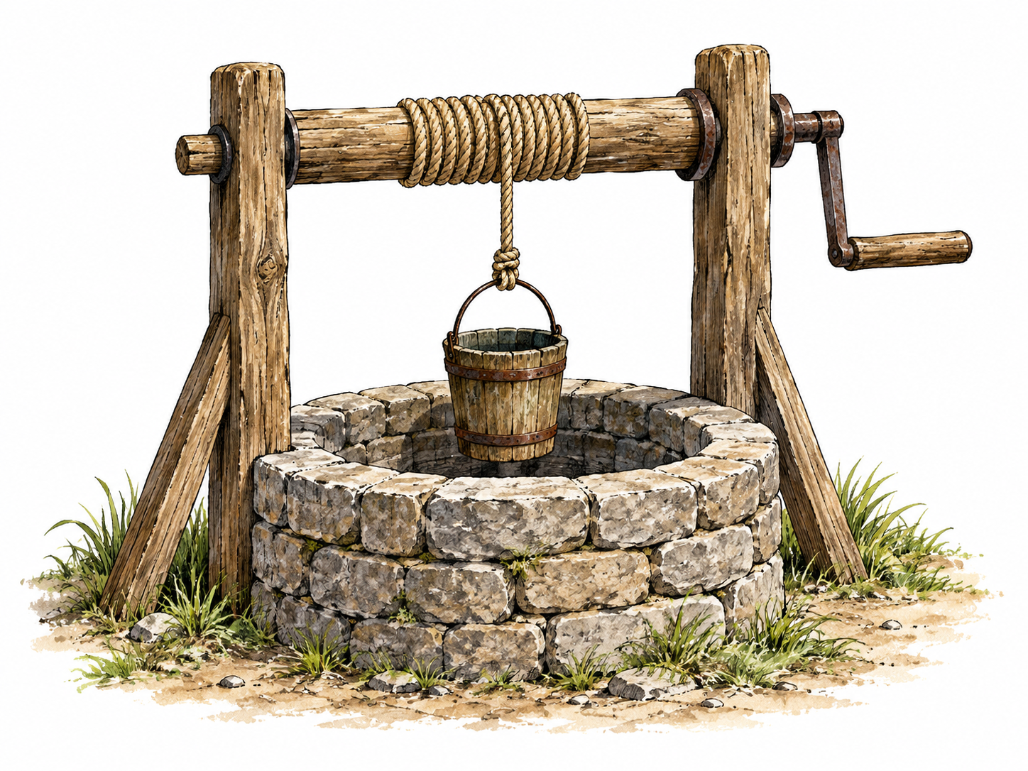 A traditional horizontal wooden windlass above a stone well, crank at one end, rope visibly wound around horizontal axle lifting a bucket.