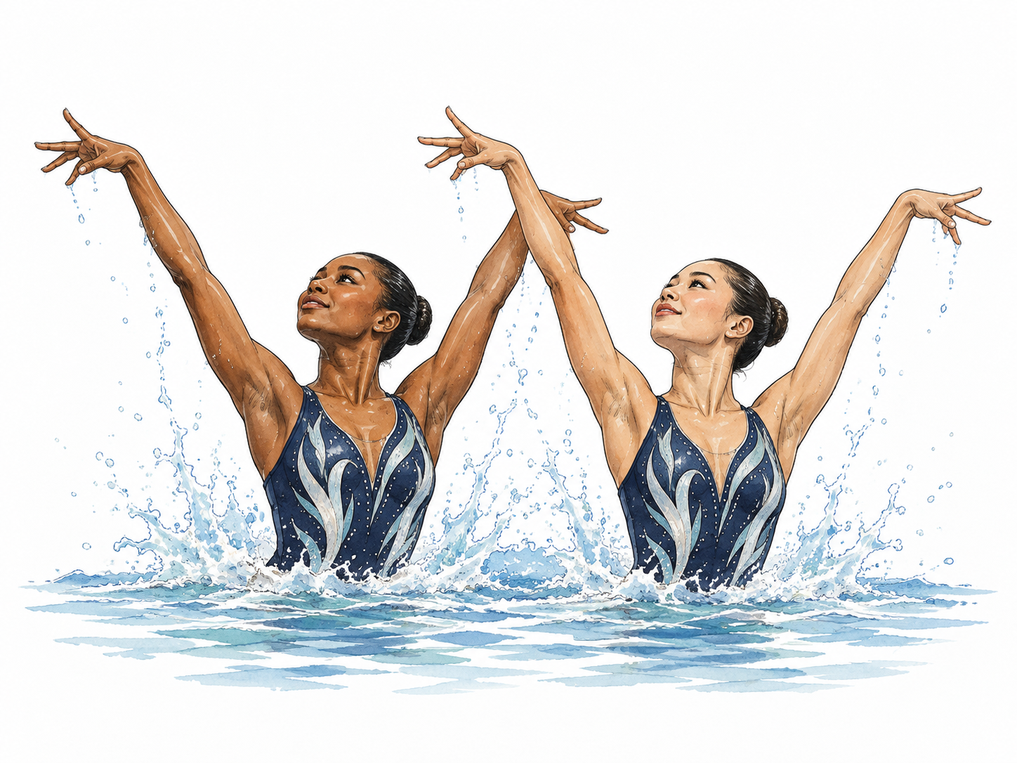 Two synchronized swimmers rise from water with perfectly matching arm positions, one Black one East Asian, coordinated action.
