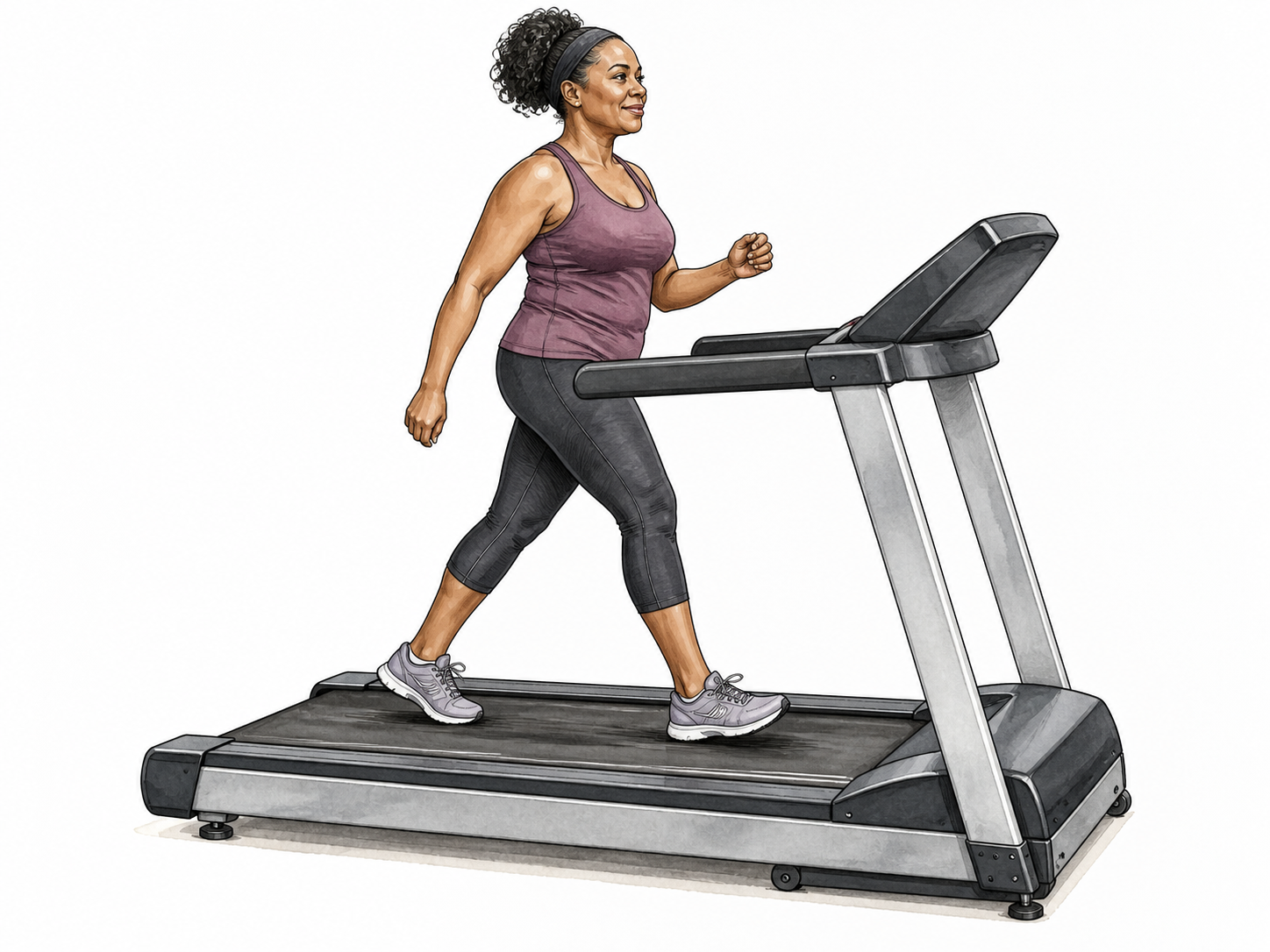 A middle-aged Black woman walking on a modern exercise treadmill, clear moving belt and support rails, fitted exercise clothes.