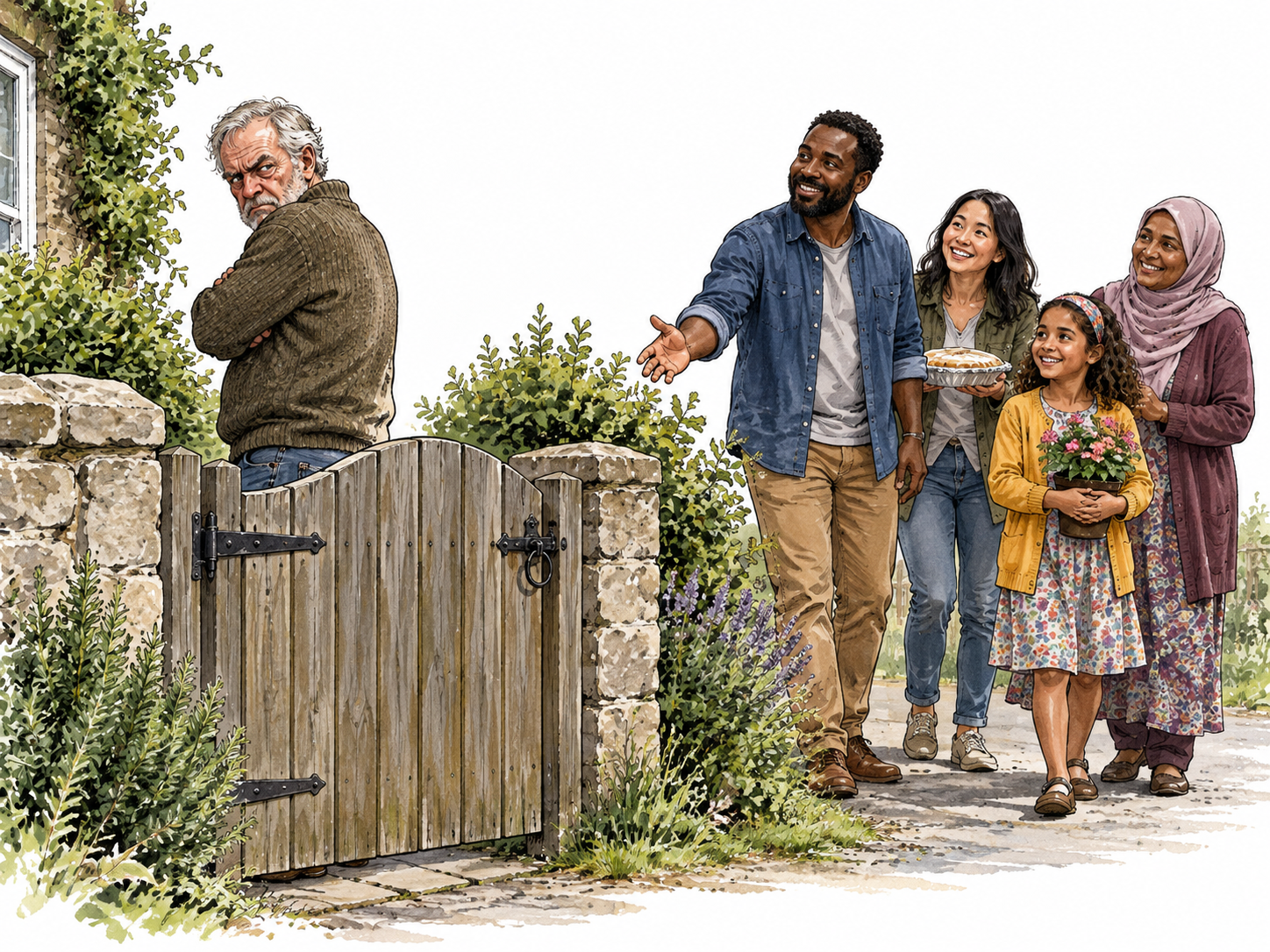 A solitary older white man behind a garden gate turning his back with distrustful scowl as friendly diverse neighbors approach, dislike of humankind.