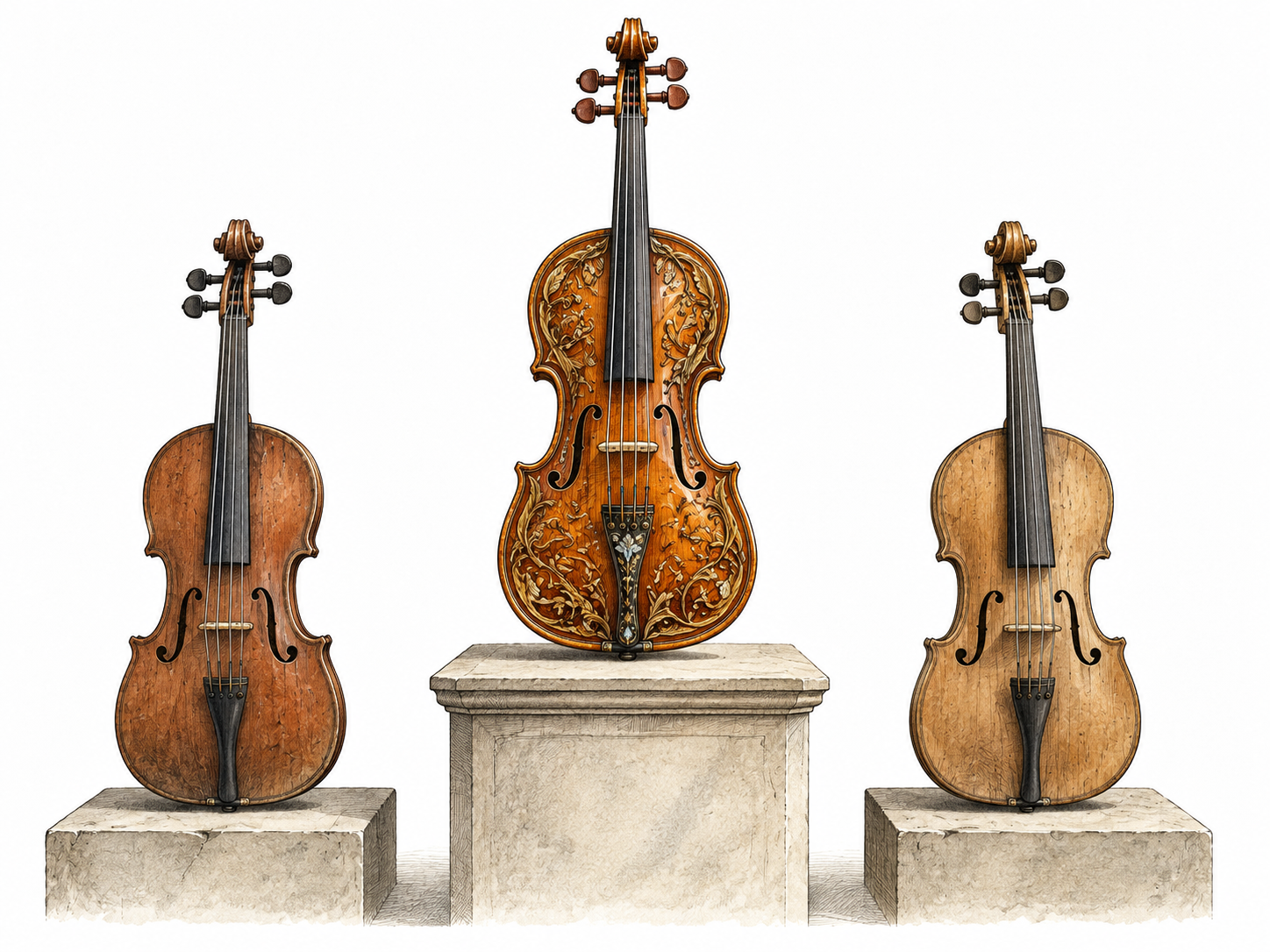 One exceptionally intricate handmade wooden violin on a pedestal beside two plain instruments, exceptional workmanship without cartoon glow.