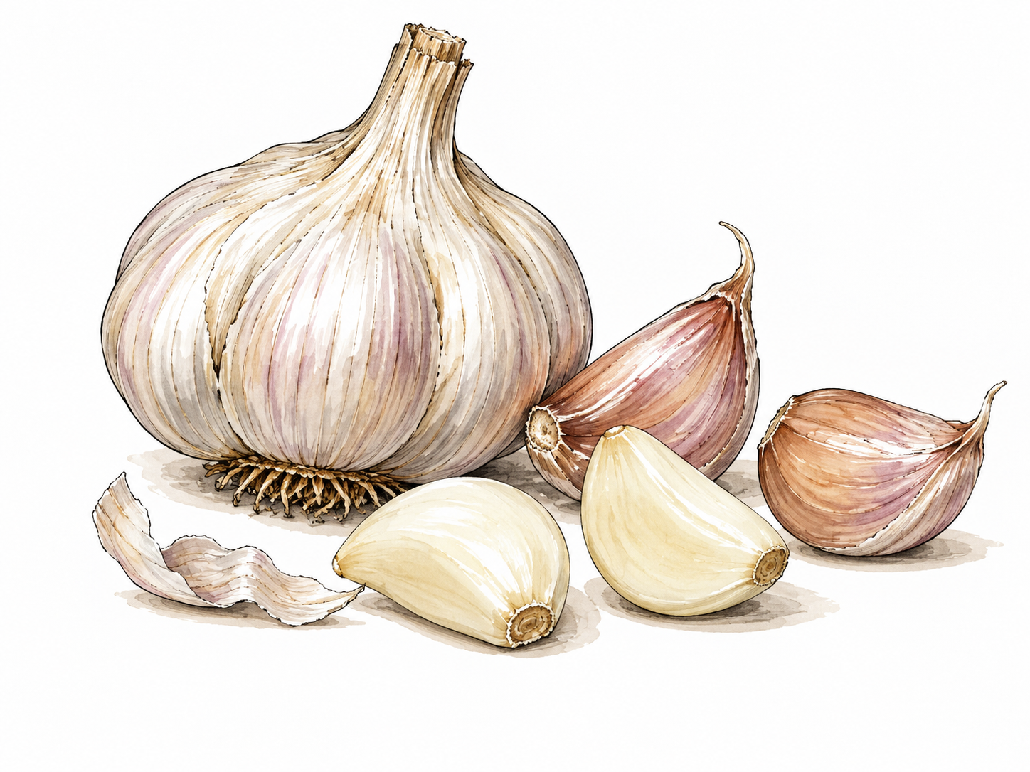 Whole garlic bulb and separated peeled and unpeeled cloves.