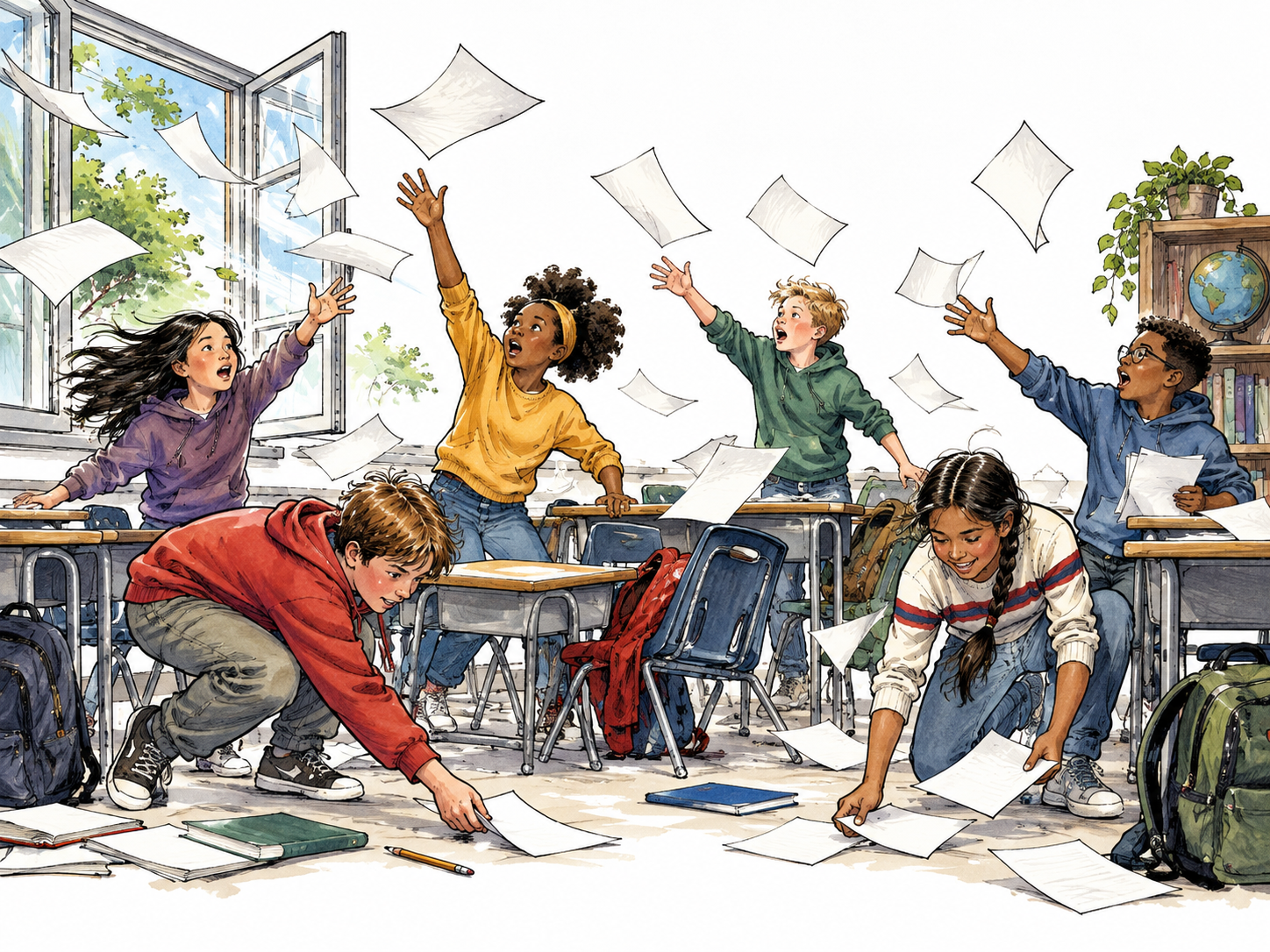 A chaotic schoolroom after papers blow through an open window, diverse students scramble and several call out, harmless wild disorder.