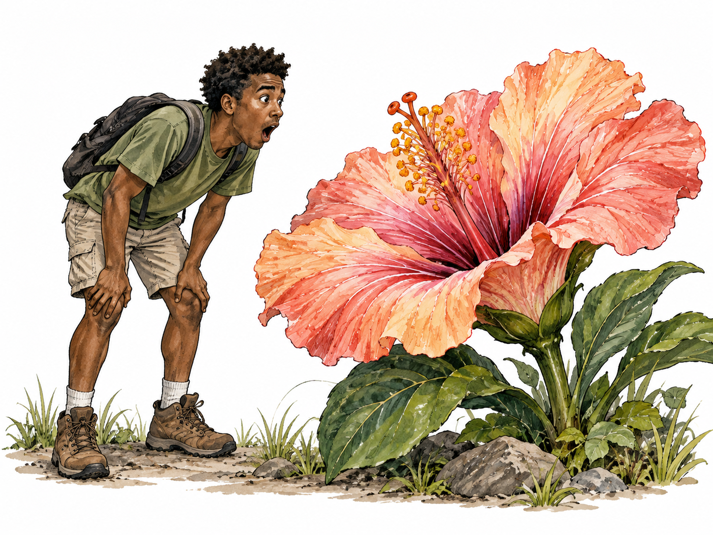 A young Black man staring in astonishment at a huge blooming flower with mouth wide open and eyes widened, natural restrained expression.