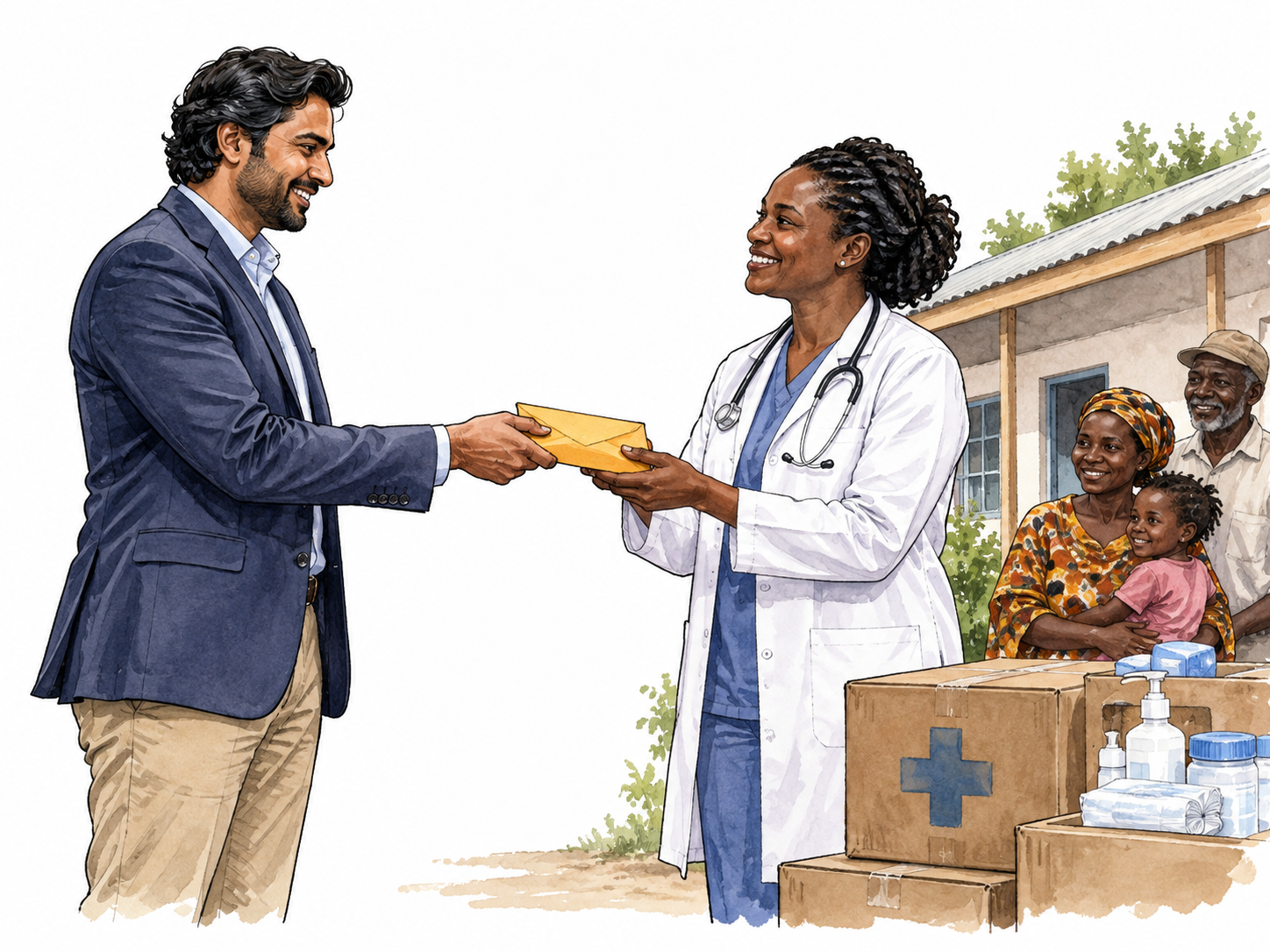 A South Asian entrepreneur funding a community clinic through a symbolic donation envelope passed to a Black doctor beside medical supply boxes; no text or amounts.