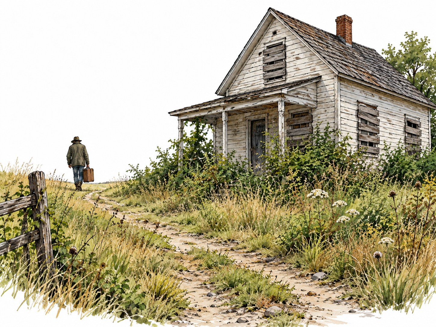 An empty weathered farmhouse, boarded windows, overgrown path, a person far away carrying final suitcase leaving it behind.