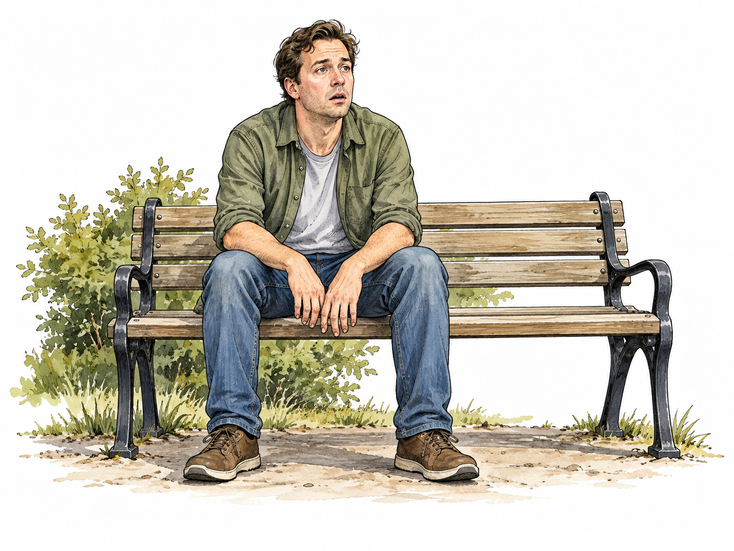 A white adult sits on a bench after startling news, unfocused expression and slack posture, no injury.