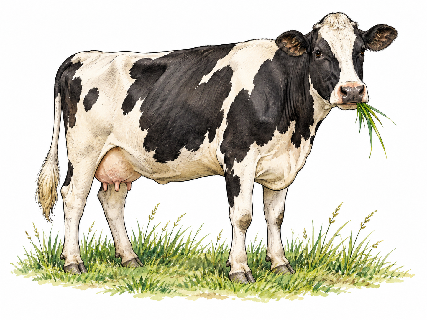 A calm dairy cow chewing grass, bovine anatomy and placid expression.