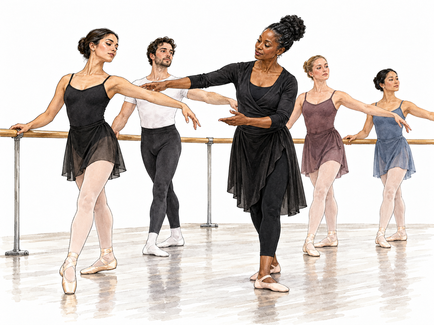A dance academy studio: mature Black instructor guides a mixed group of adult ballet trainees at the barre.