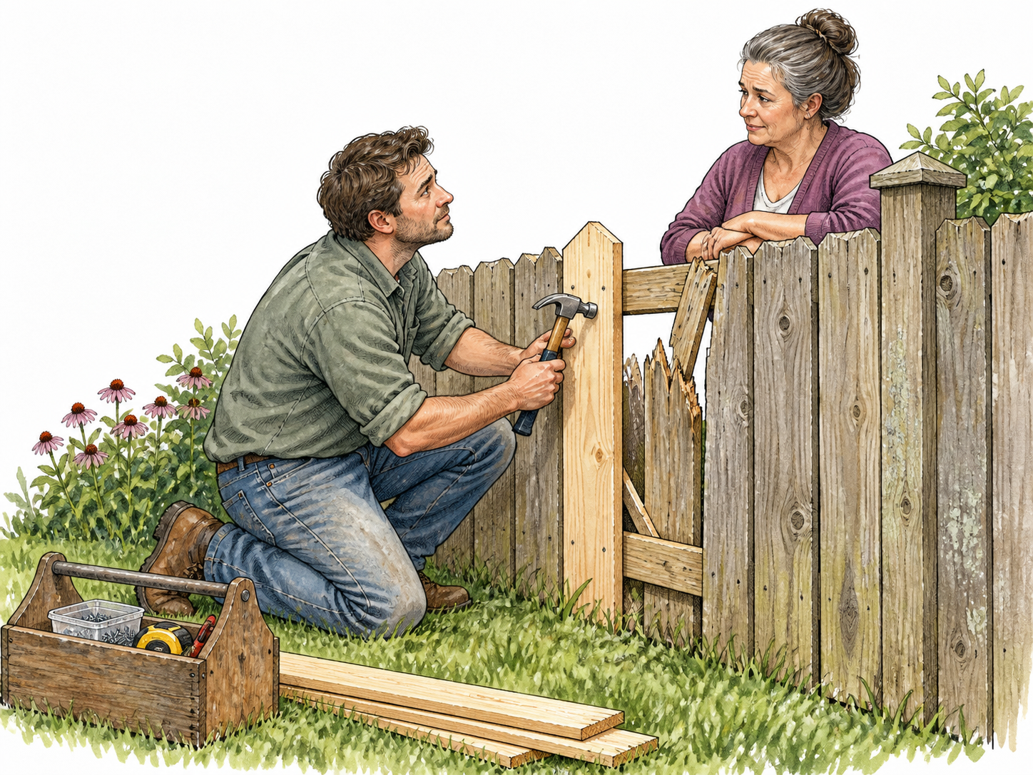A white adult repairs a neighbor's fence they accidentally damaged, apologetic expression and attentive neighbor.