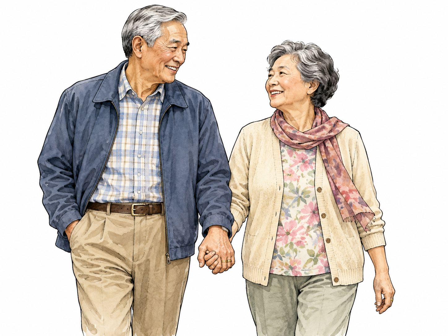 An older East Asian married couple holding hands with matching wedding bands, affectionate partnership.