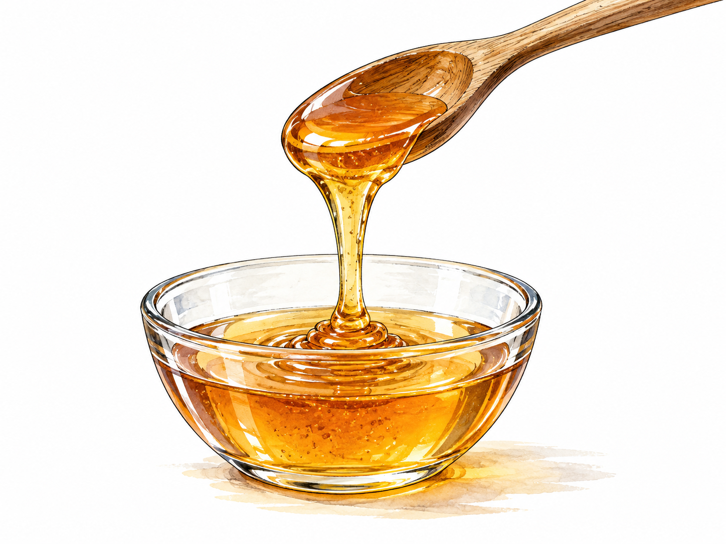 Thick honey slowly drips from a wooden spoon into a clear glass bowl, texture and firmness emphasized.