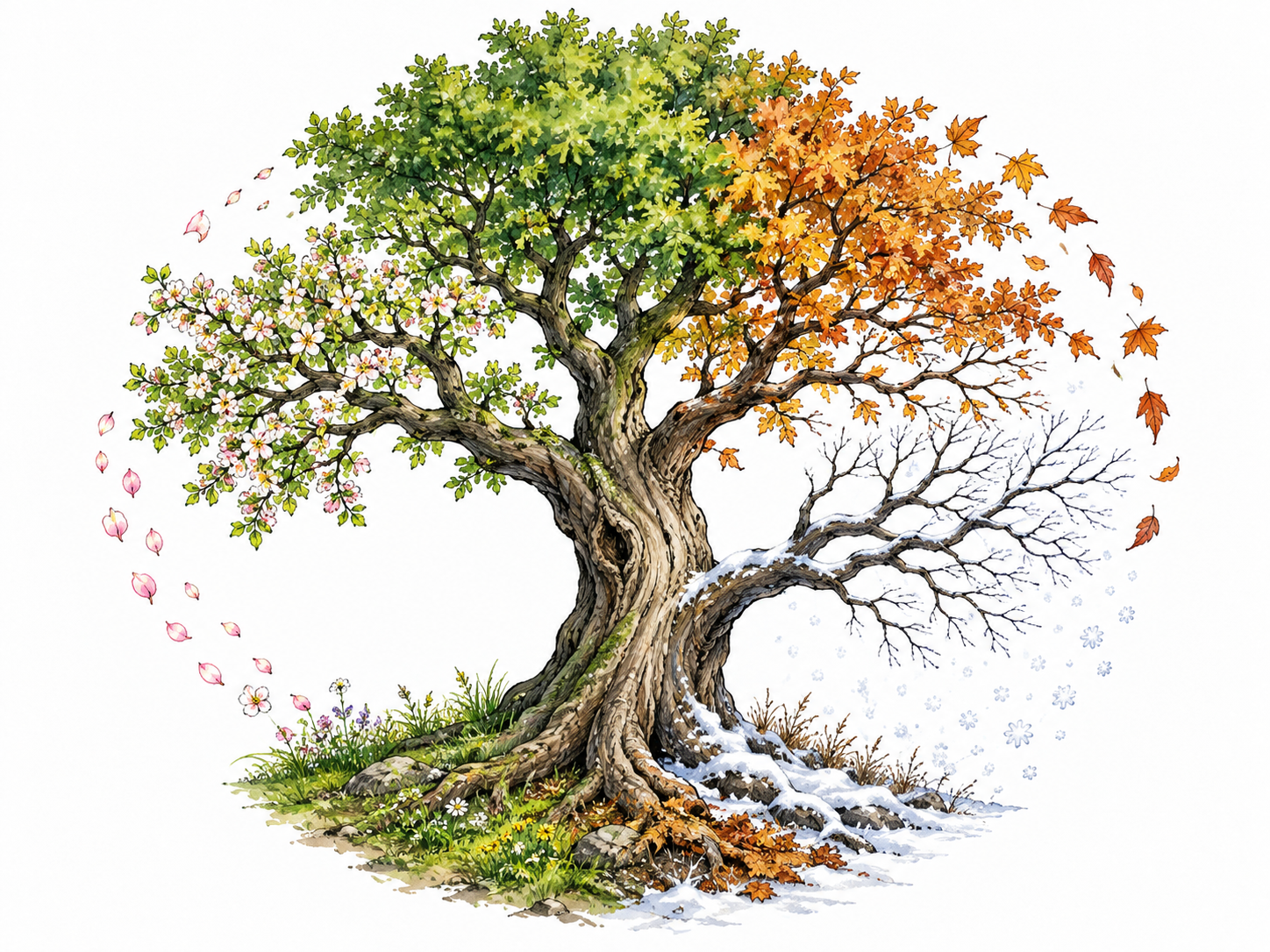 A weathered tree shown through spring summer autumn winter in one continuous circular composition, passage through all times.