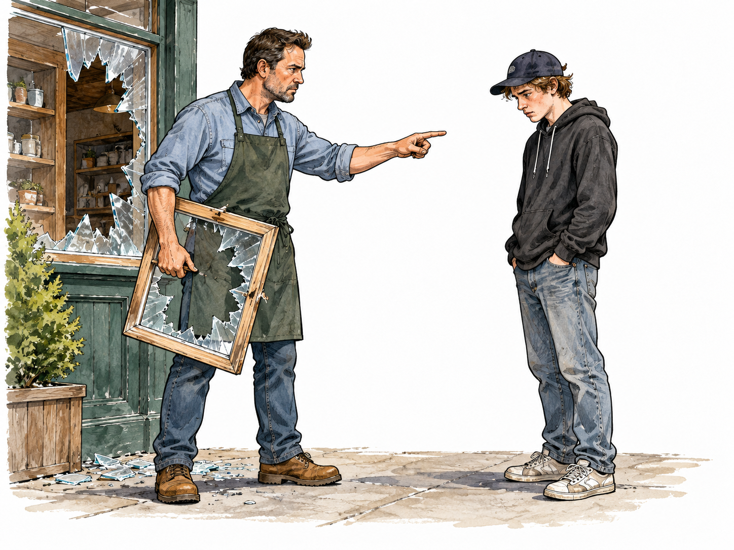 A white adult whose shop was vandalized confronts the culprit holding a broken window frame, stern resolve, no violence.