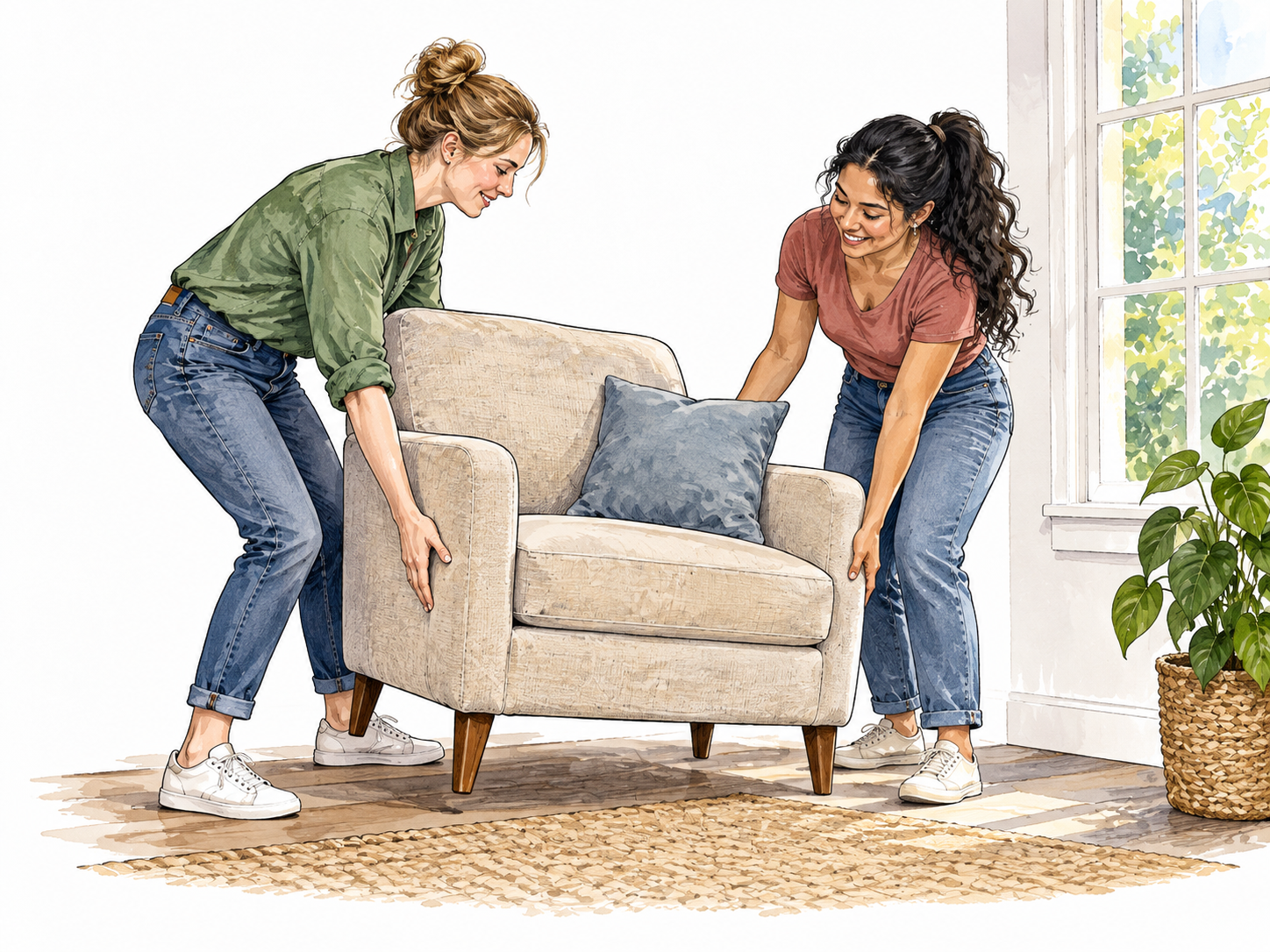 Two women, one white one Latina, move a chair to a new position beside a window.