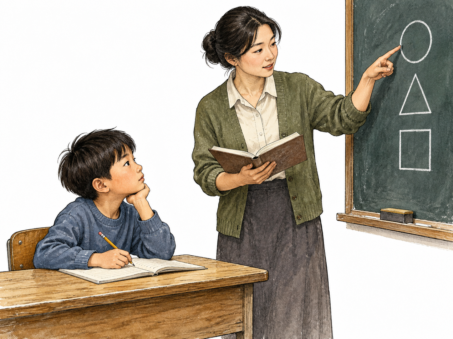 A young East Asian pupil listens carefully as a teacher points to simple shapes on a classroom slate.