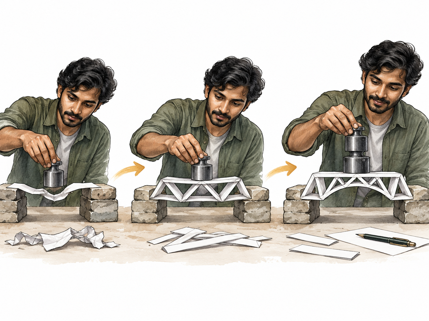 A South Asian designer tests three successive paper bridge prototypes, each a modest improvement, one clear repeated process.