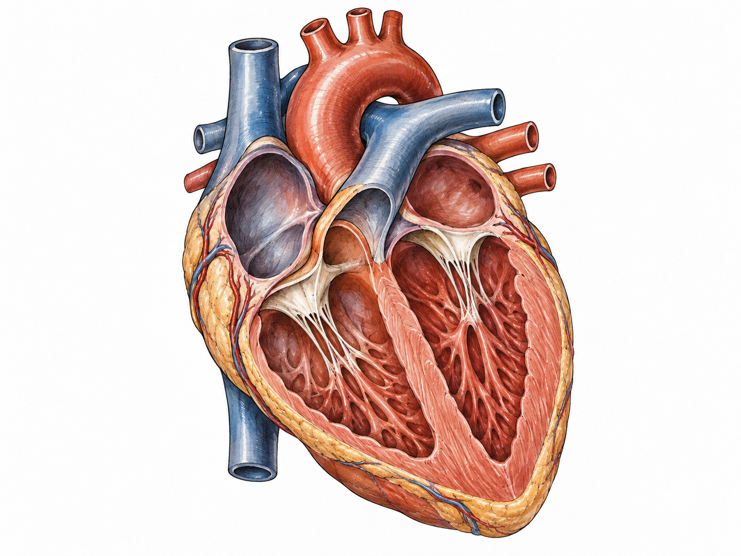 Accurate cutaway human heart, two lower muscular ventricles clearly visible, non-graphic educational anatomy.
