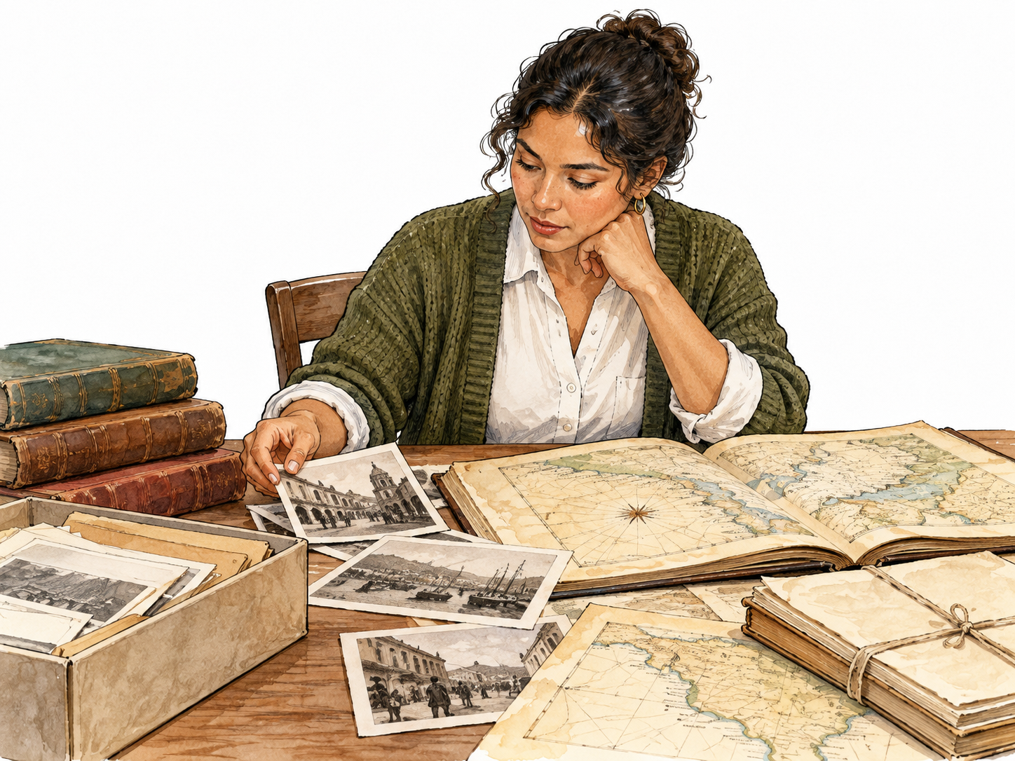 A contemporary Latina historian studying old maps and archival photographs at a library table.