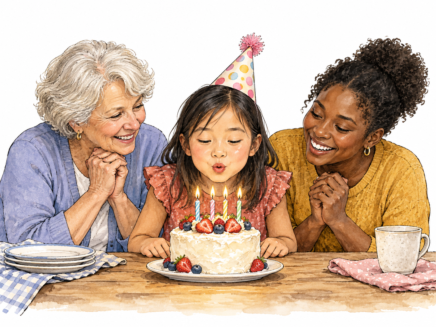 A cheerful East Asian girl celebrating her birthday, blowing candles on a modest cake beside white grandmother and Black friend.