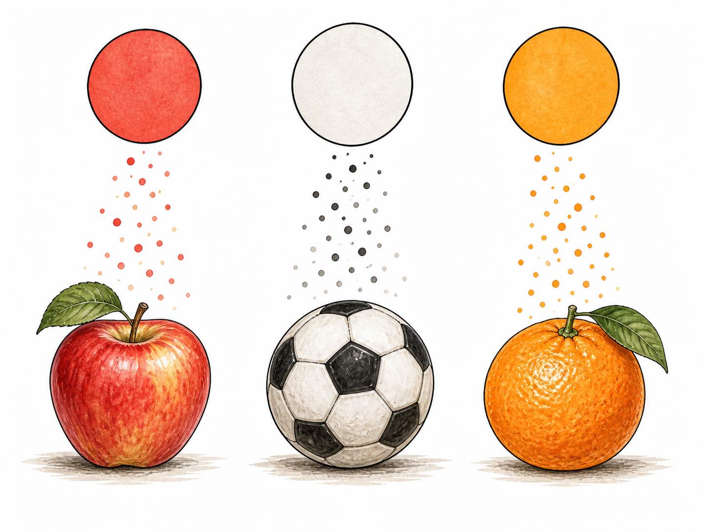 Concrete objects below dissolve into simple geometric concepts above: round apple, ball and orange distilled into circle, no lettering.