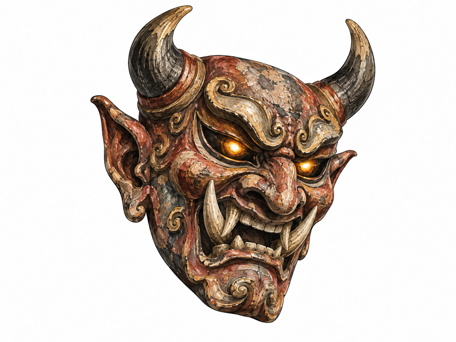 A horned mask has grotesque features and glowing eyes.