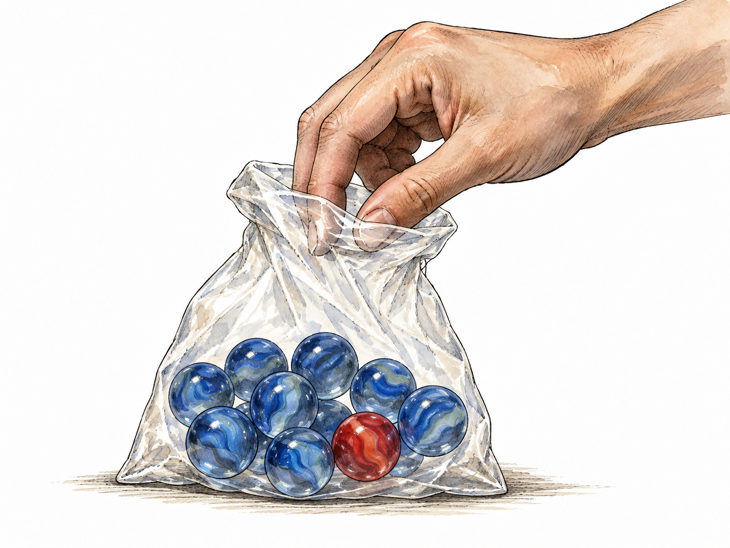 A transparent bag holds nine blue marbles and one red marble, adult hand about to draw one at random.