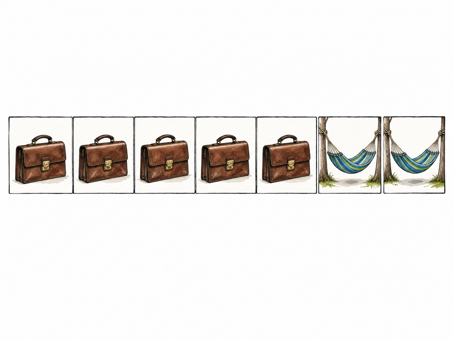 Seven blank calendar squares in a row; first five contain a small briefcase, final two contain a hammock; conceptual Monday-Friday working days, no words or numbers.