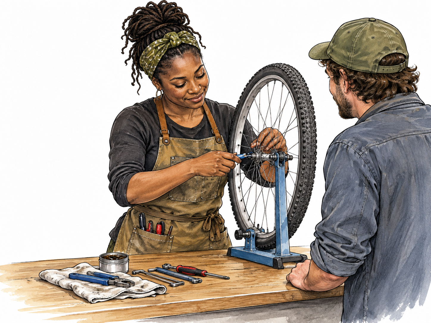 A Black woman bicycle mechanic repairs a customer's wheel at a service counter, helpful practical work.