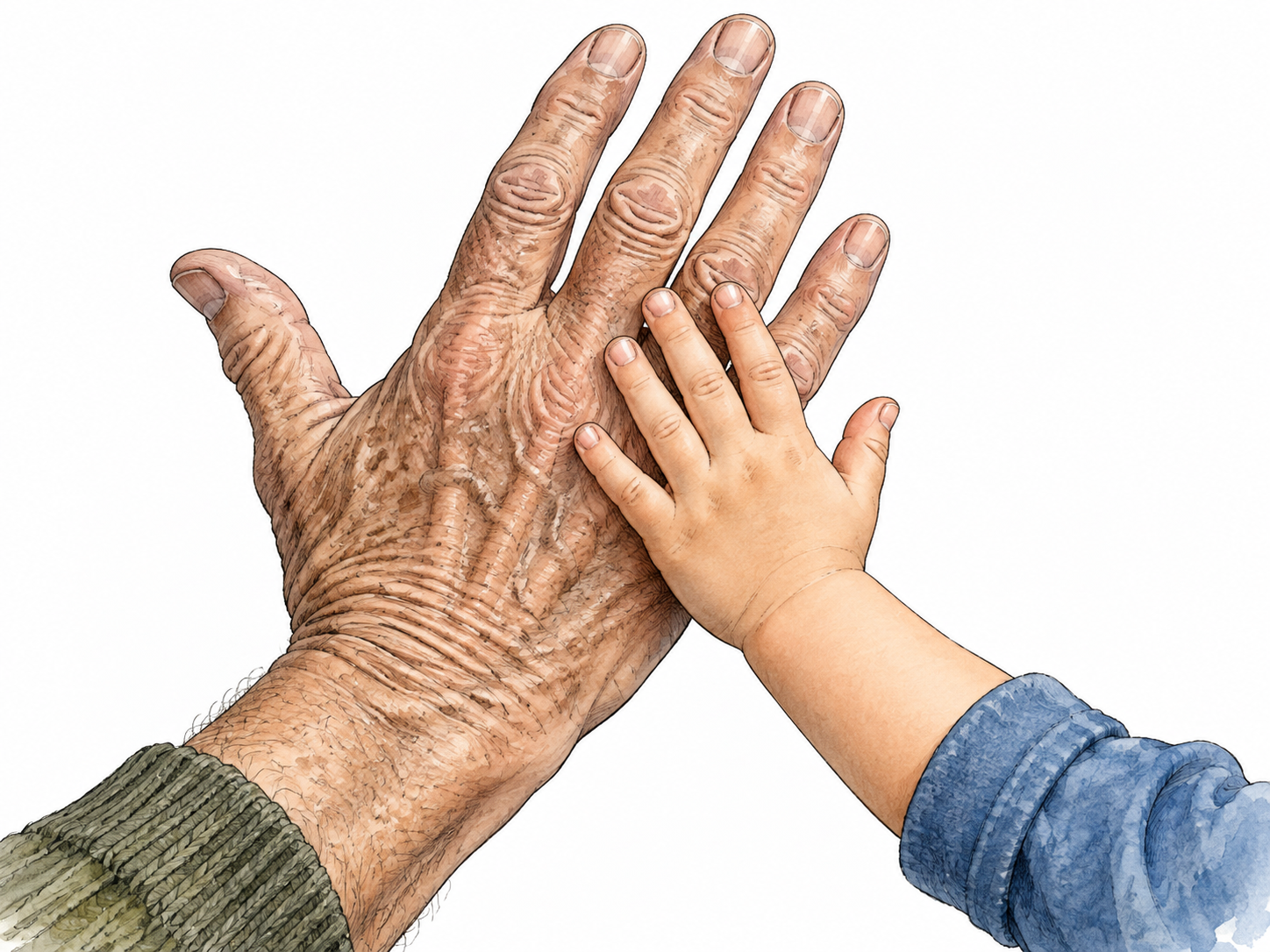 An older white adult and their small grandchild compare hands, age visible in skin and size without stereotype.