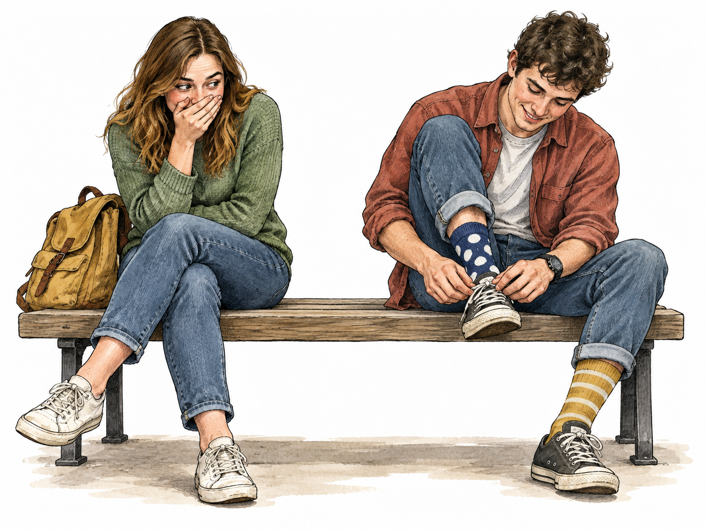 A white young adult hides a quiet mocking laugh behind hand while looking at a friend's mismatched socks, mild scene.