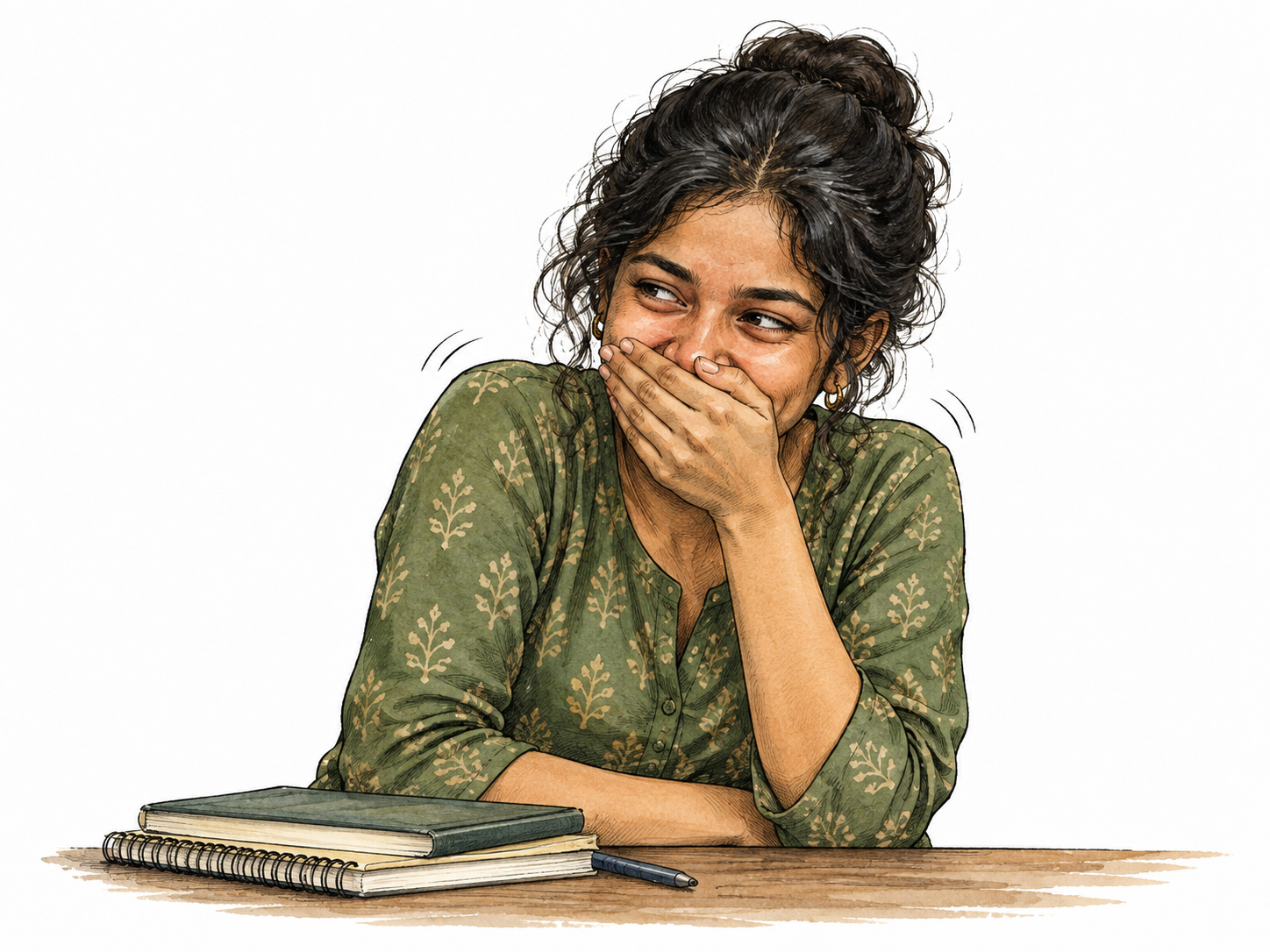 A South Asian young adult quietly stifles a silly laugh behind hand, shoulders slightly shaking.