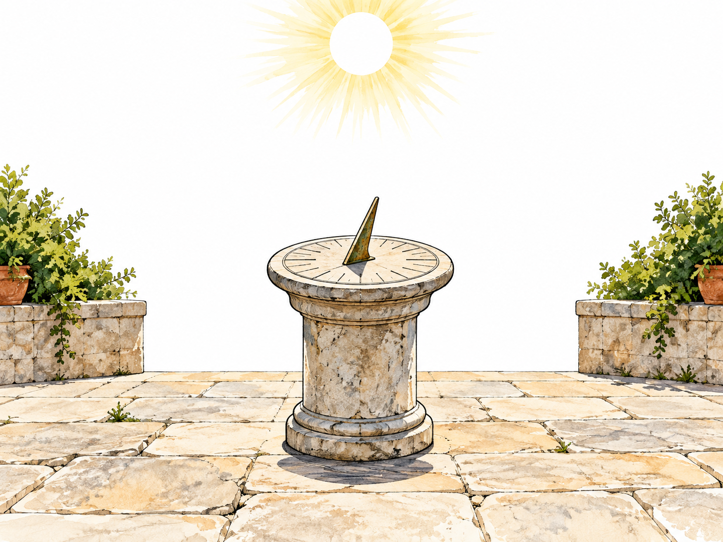 A sun high overhead above an open courtyard, short shadow directly beneath a small sundial pedestal; noon.
