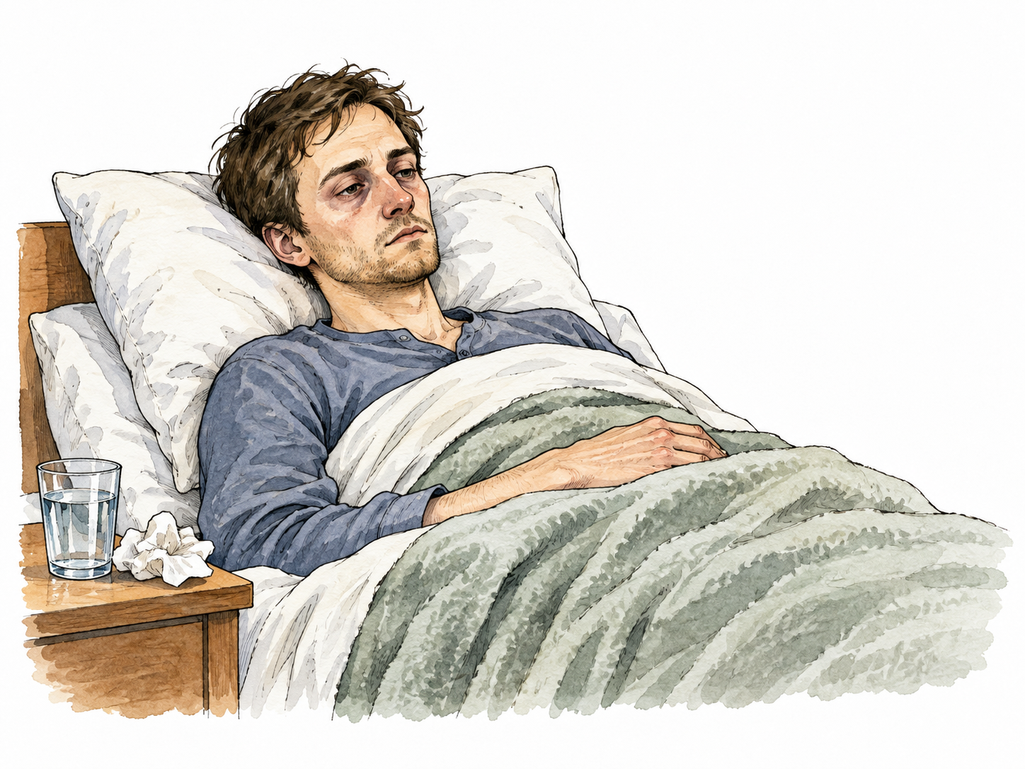 A pale drawn white adult recovering in bed, tired hollow cheeks and blanket, respectful non-dramatic illness.