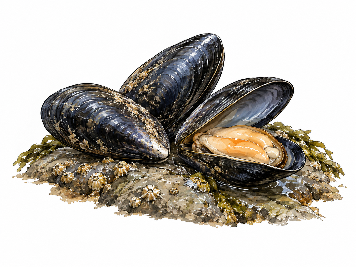 Three dark blue-black elongated mussel shells, one open revealing pale orange flesh, on a small wet rock.