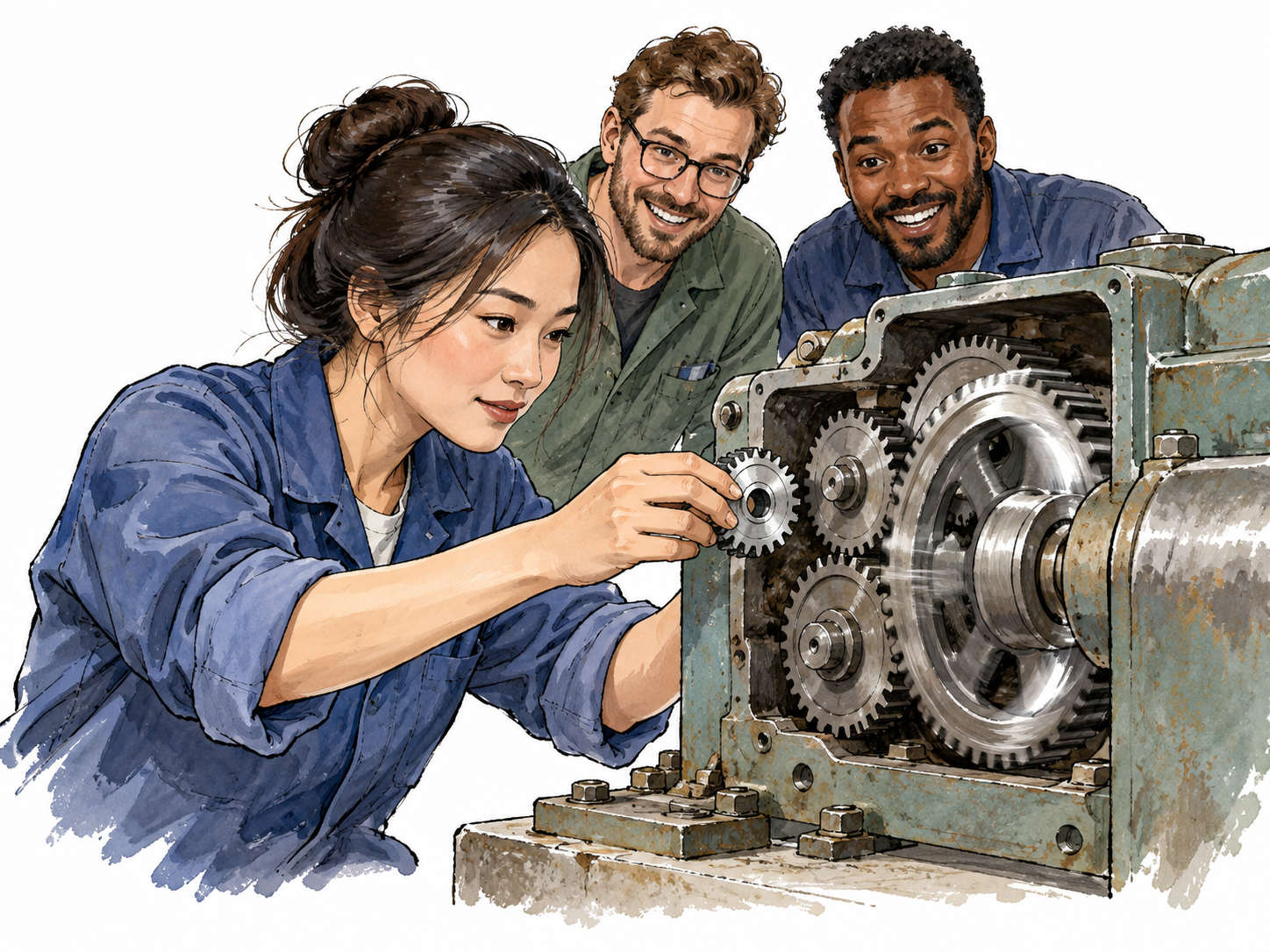 An East Asian female engineer inserting the missing small gear into a disabled mechanism while two colleagues watch it start moving, her intervention clearly crucial.