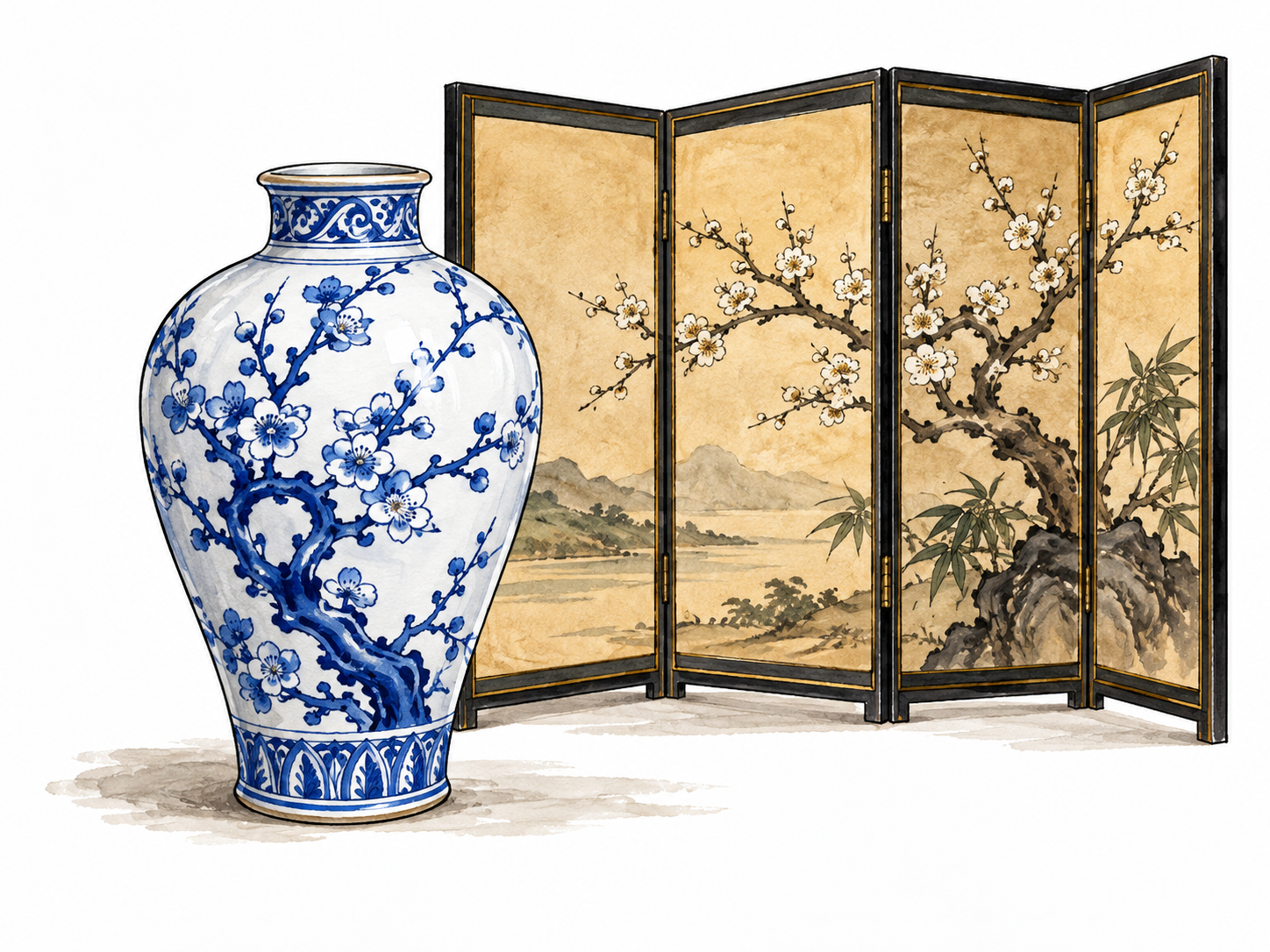 A traditional East Asian blue-and-white porcelain vase with plum-blossom motif and an unmarked folding screen, respectful object-based historical regional usage, no stereotyped people.