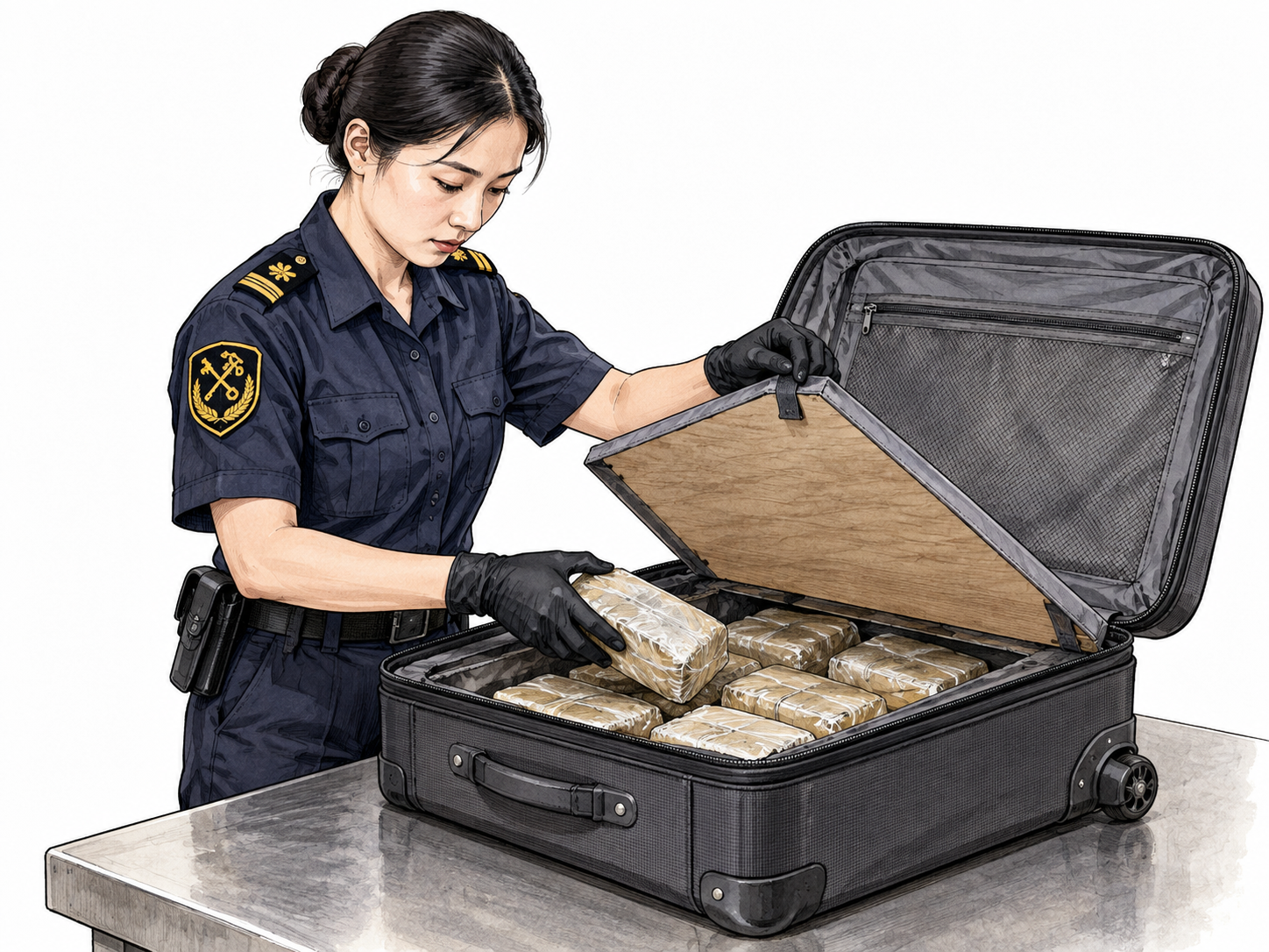 East Asian female customs officer opens a false-bottom suitcase containing wrapped smuggled goods and confiscates it.