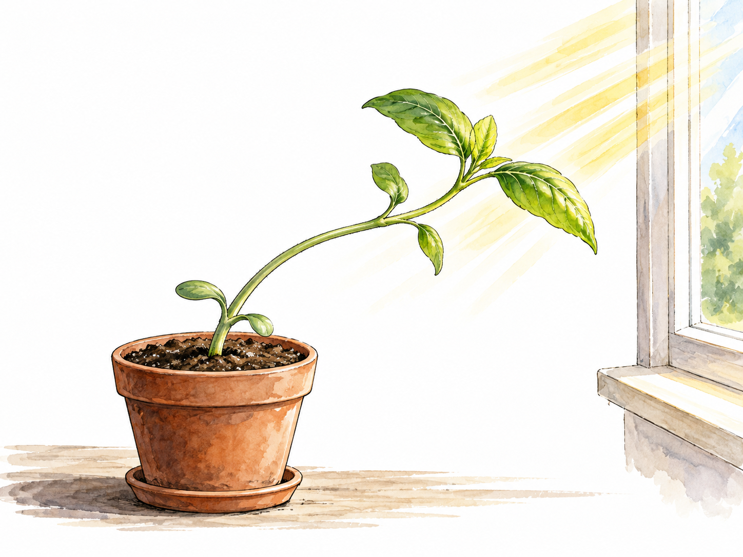 A potted seedling bends and grows strongly toward sunlight entering from a side window.