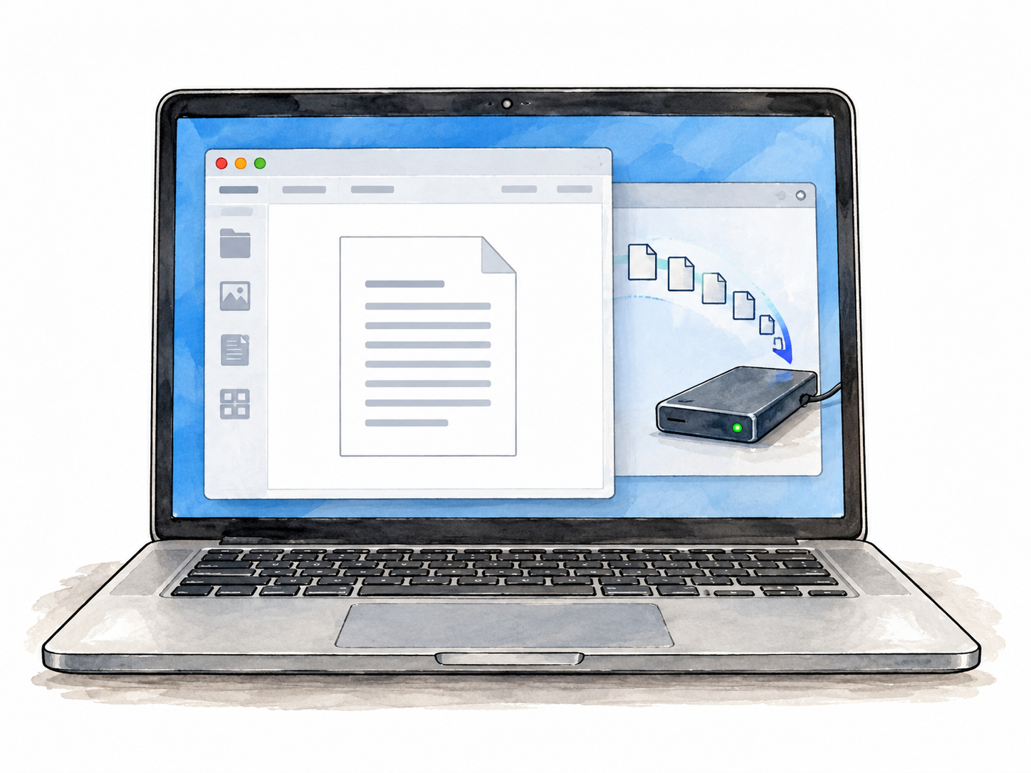 A laptop showing a quiet backup process as small files moving to a storage drive behind the main document window, abstract pictograms only, no words; background computer program.